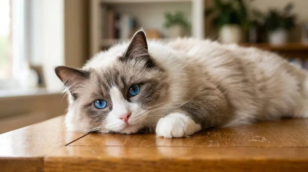 Close-up of a mitted Ragdoll cat identifying white front mittens and deep blue eyes for breed standard.