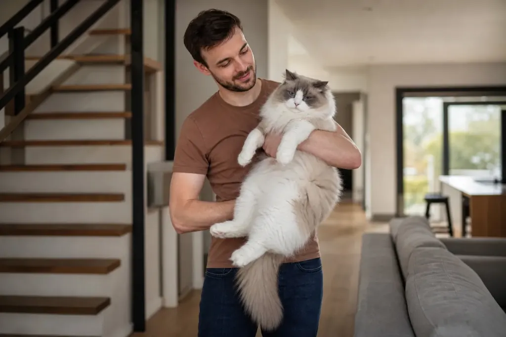 Owner holding a large Ragdoll cat demonstrating its characteristic floppy temperament to identify true breed traits.