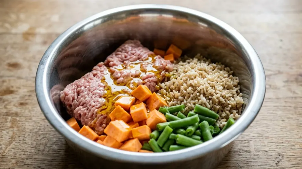Lean ground turkey, sweet potato, and brown rice assembled for a balanced Pug dog food recipe.
