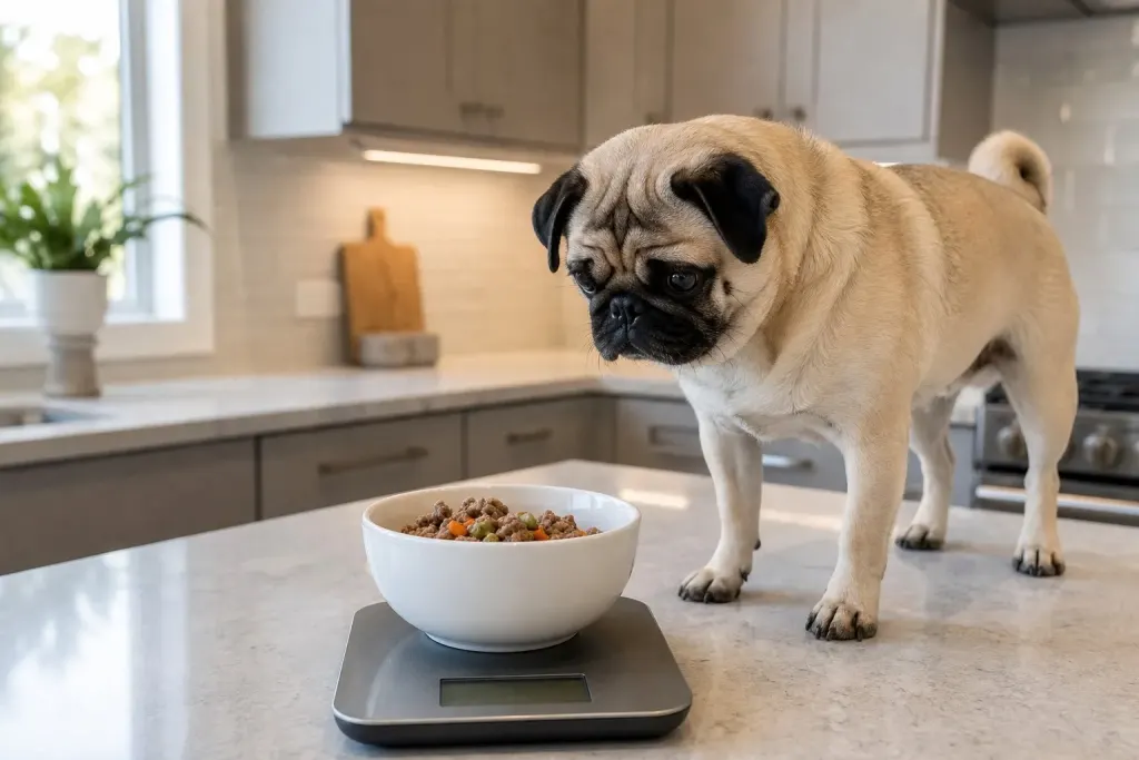 Measuring exact daily portions of homemade dog food on a digital scale for a Pug.