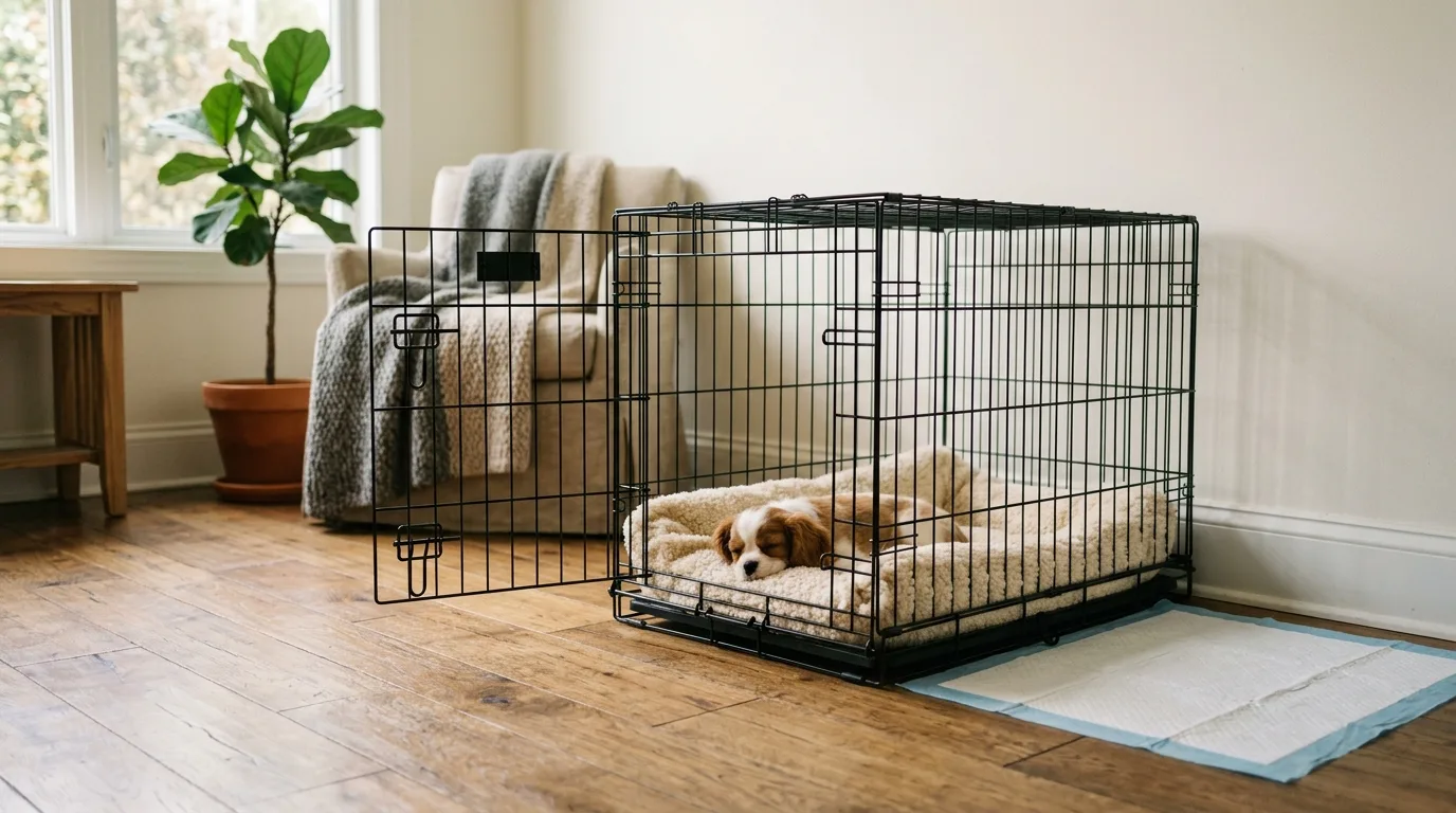 Indoor puppy crate setup prepared for French Bulldog housebreaking and bladder control training.