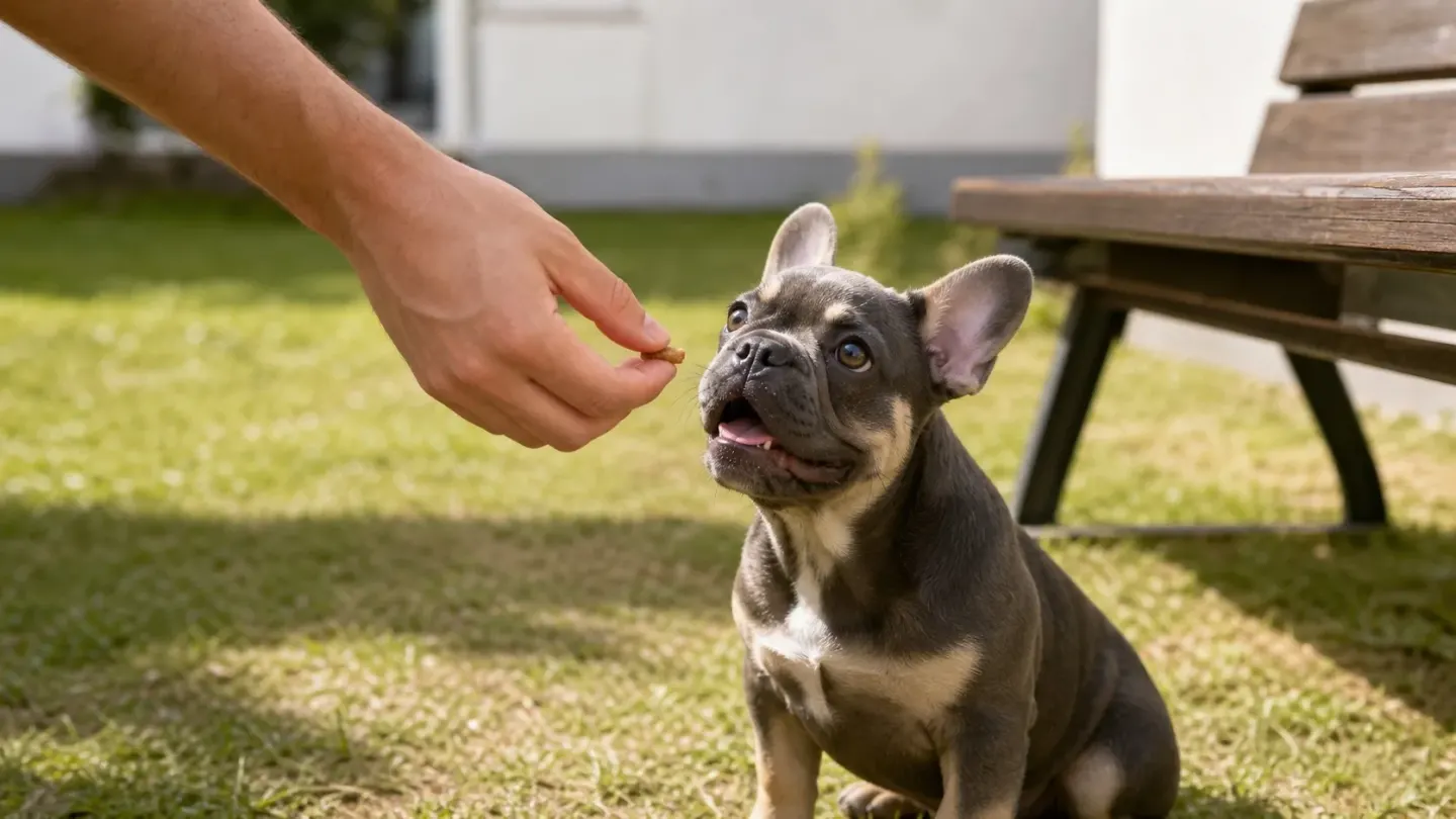Owner rewarding a French Bulldog puppy with a treat right after successful outdoor elimination.