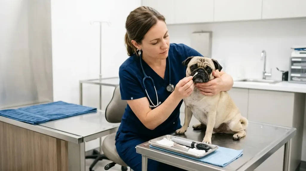 A veterinarian examining a Pug's facial folds and eyes during a checkup
