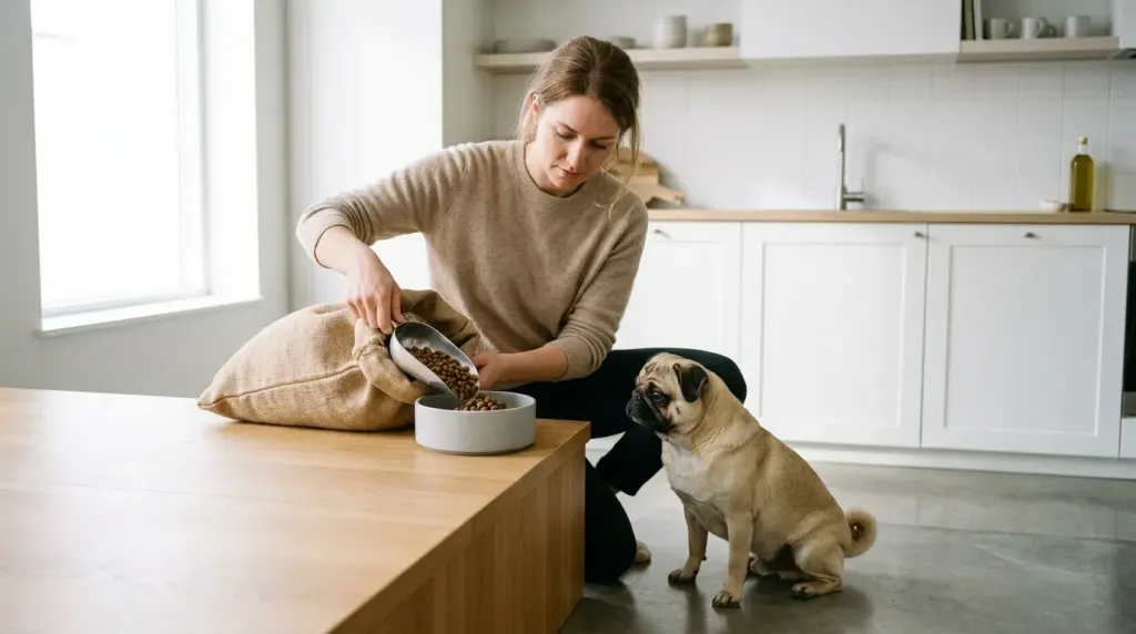 An owner measuring a Pug's food portion to maintain a healthy body condition