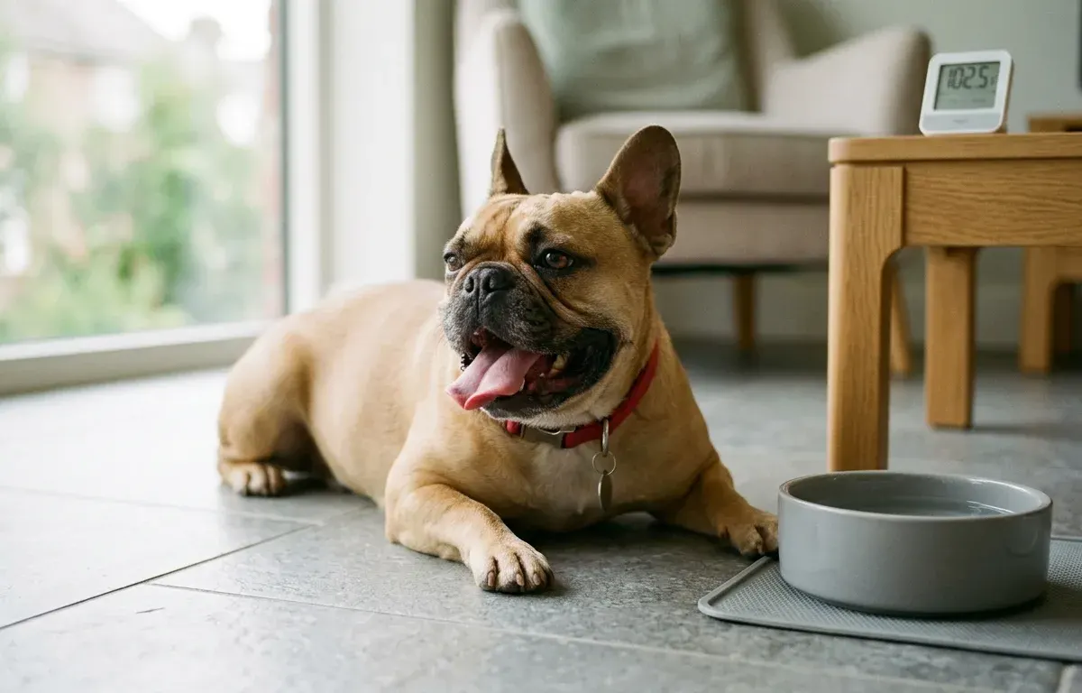 A fawn French Bulldog panting heavily on a cool tile floor while recovering from overheating distress