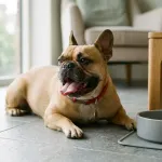 A fawn French Bulldog panting heavily on a cool tile floor while recovering from overheating distress