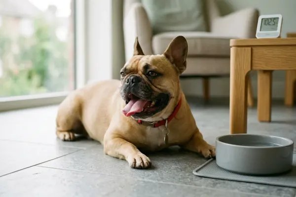 A fawn French Bulldog panting heavily on a cool tile floor while recovering from overheating distress