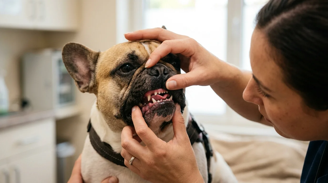 A person checking the gum color of a French Bulldog to evaluate circulation and signs of overheating