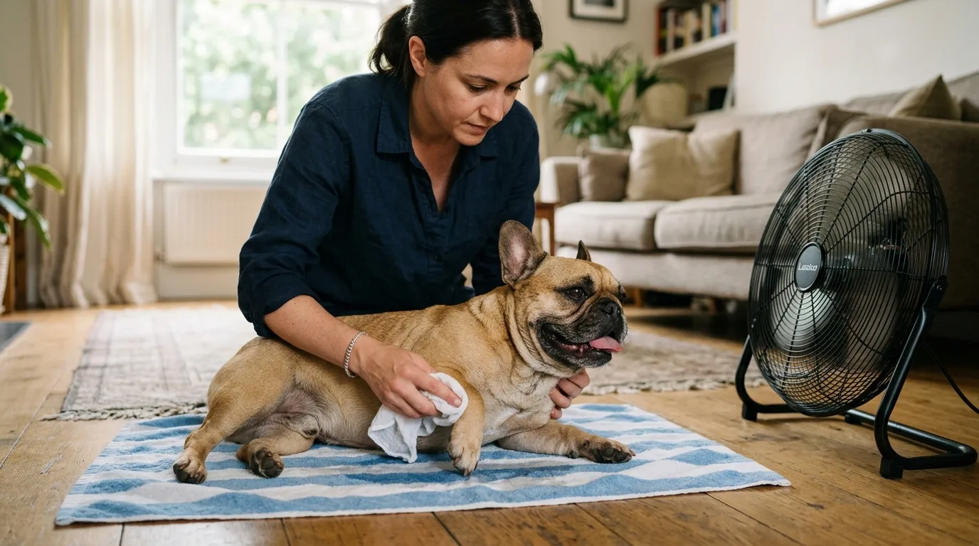 A dog owner applying cool water to an overheating French Bulldog's paws to safely lower body temperature