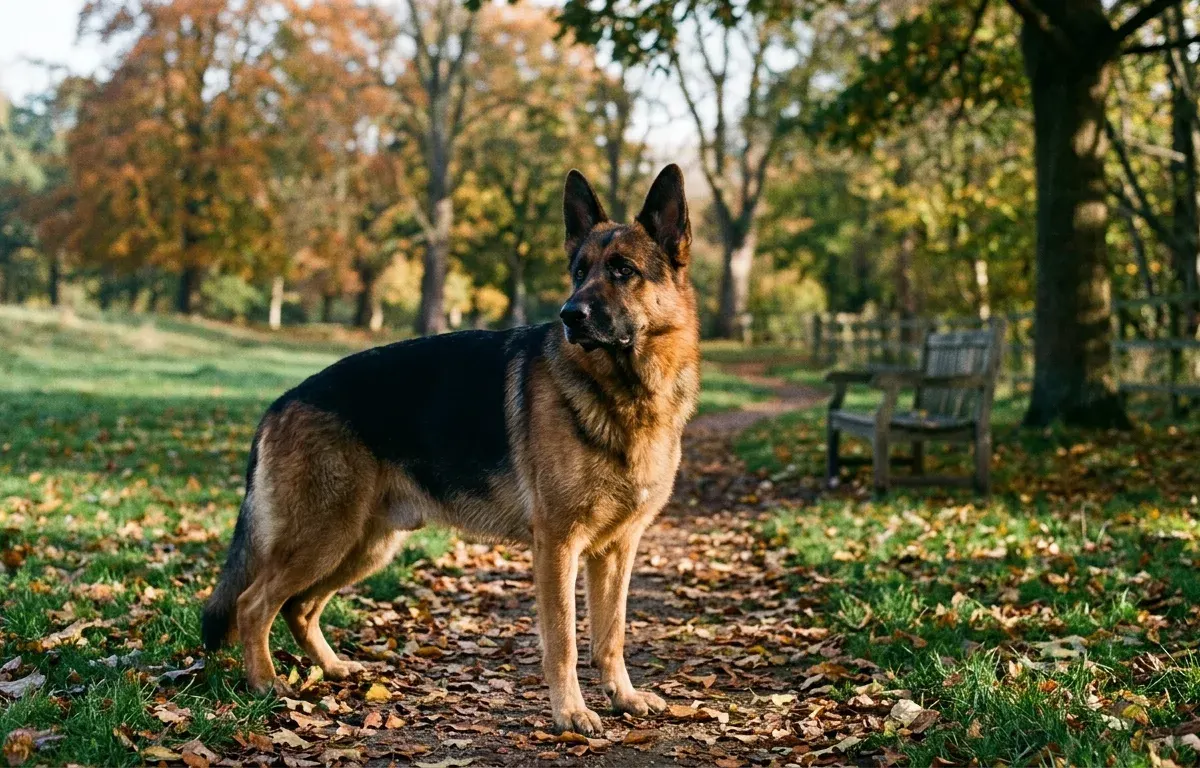 Purebred adult German Shepherd standing alert outdoors displaying official breed standard physical characteristics