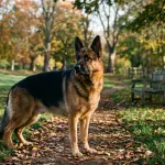 Purebred adult German Shepherd standing alert outdoors displaying official breed standard physical characteristics