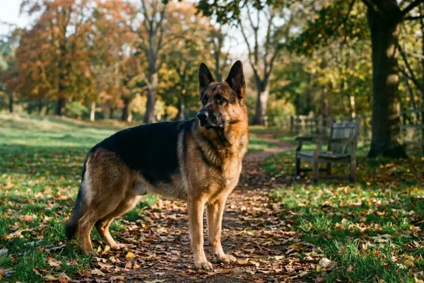 Purebred adult German Shepherd standing alert outdoors displaying official breed standard physical characteristics