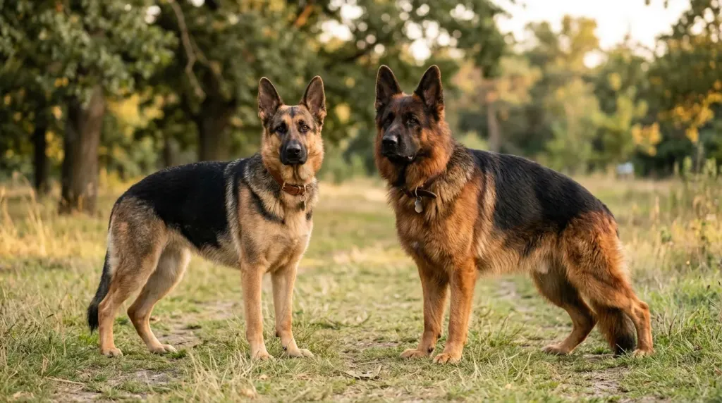 Comparison of German Shepherd anatomy showing working line straight back and show line conformation