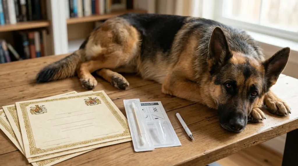 Official pedigree registration certificate and canine DNA test kit for verifying German Shepherd purebred lineage