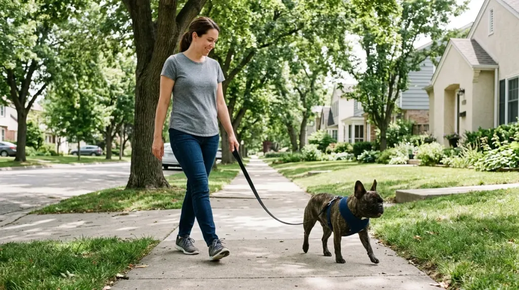 A French Bulldog walking on a loose leash with its owner on a shaded sidewalk to prevent overheating.
