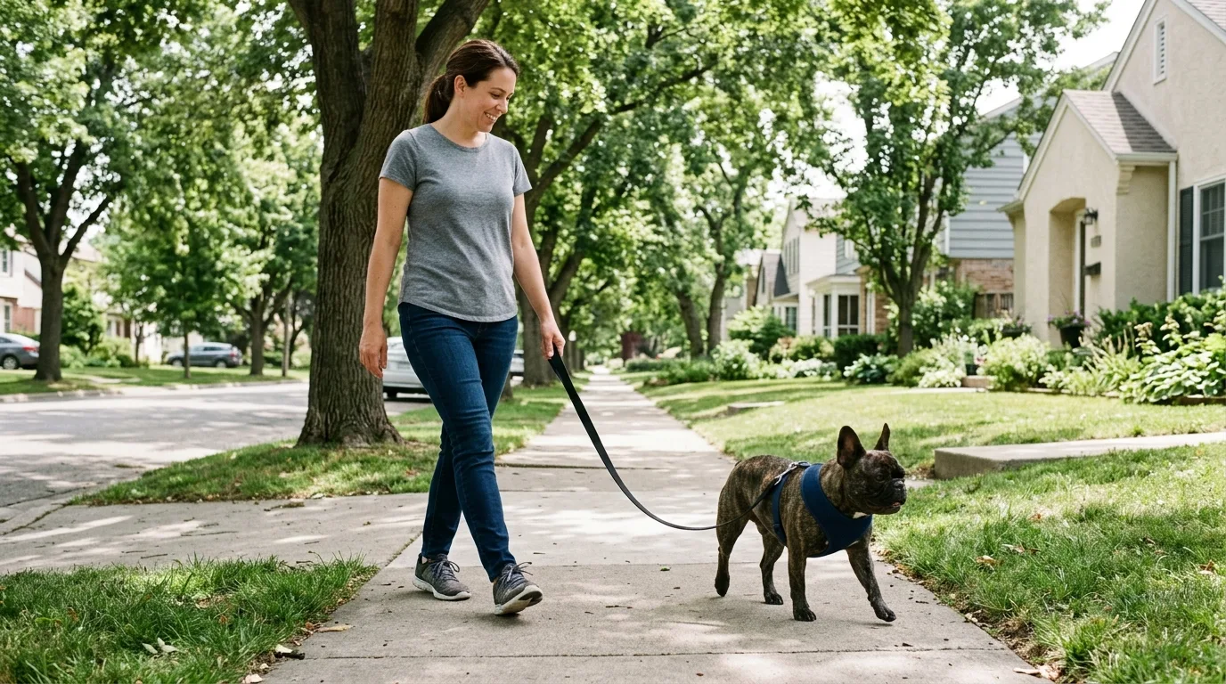 A French Bulldog walking on a loose leash with its owner on a shaded sidewalk to prevent overheating.
