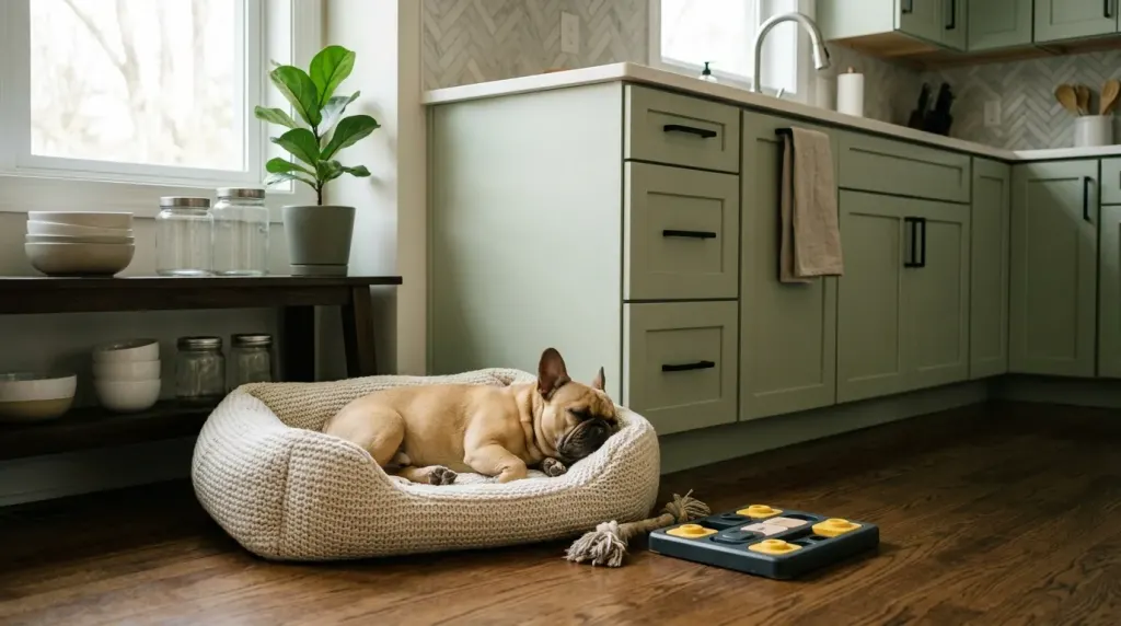 A French Bulldog resting calmly on a bed indoors as part of a daily routine.