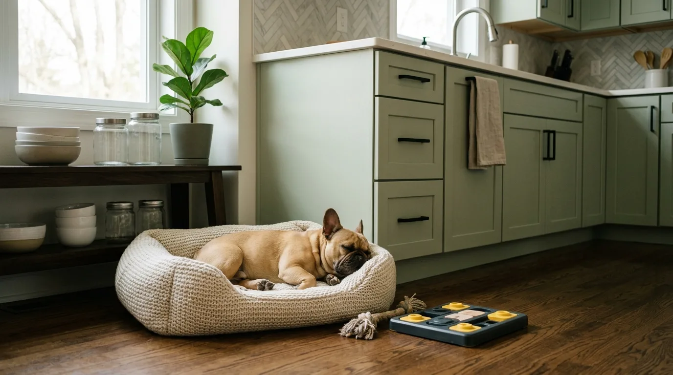 A French Bulldog resting calmly on a bed indoors as part of a daily routine.