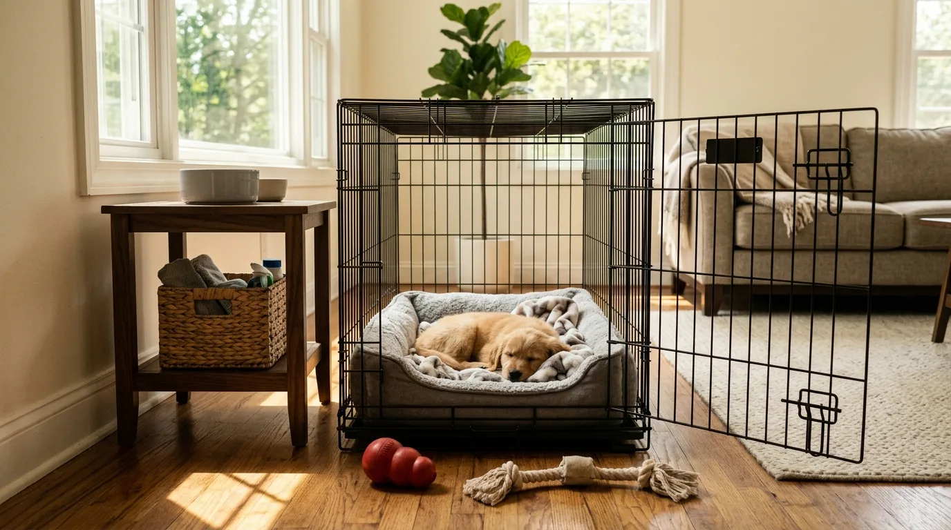 An open wire crate with a comfortable bed and chew toy prepared for positive crate training.