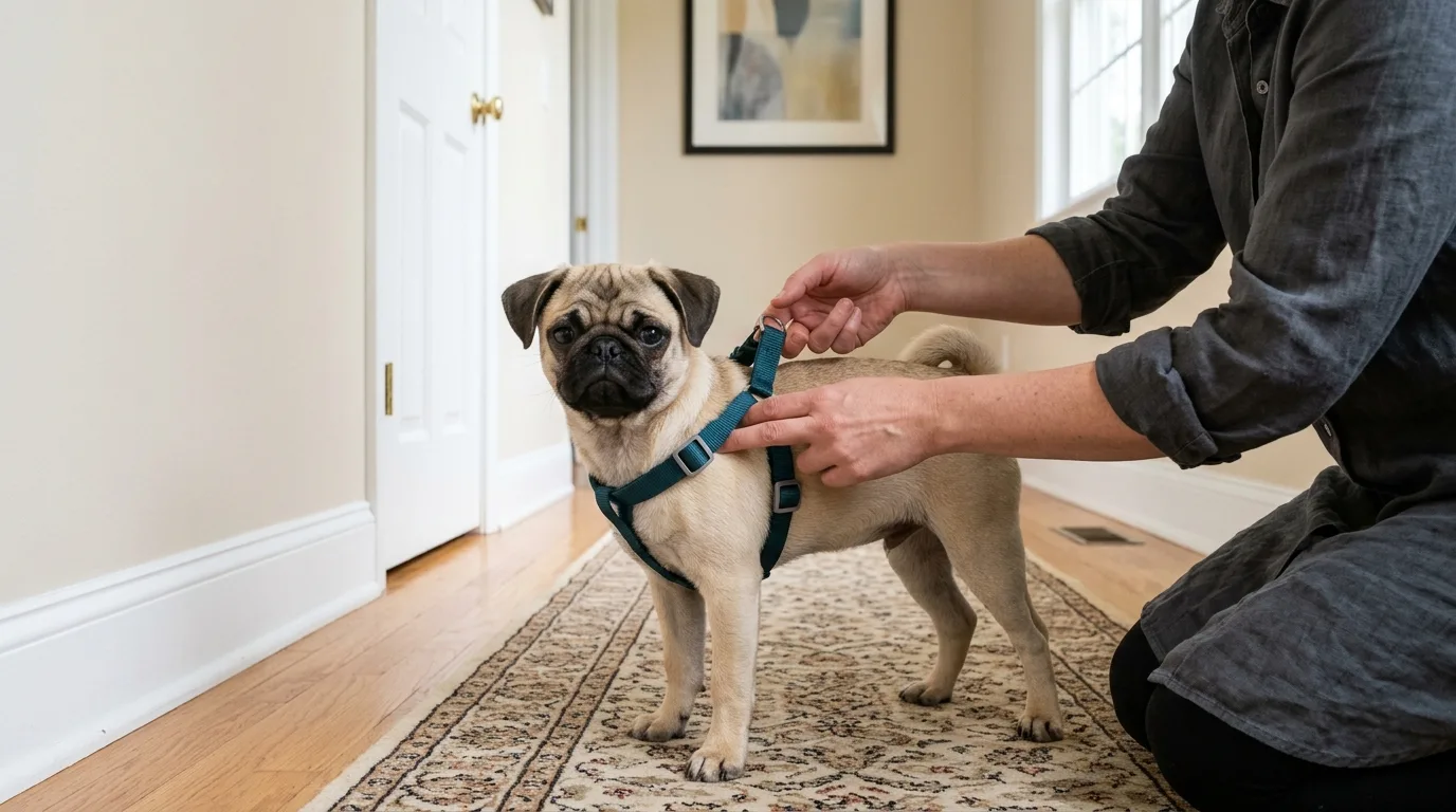 A person checks the fit of a Y-front chest harness on a Pug puppy before a safe leash walk.