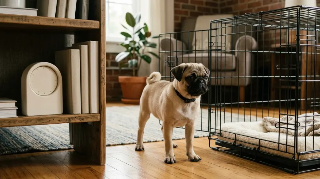 A Pug puppy beside an open wire crate prepared for structured house training.