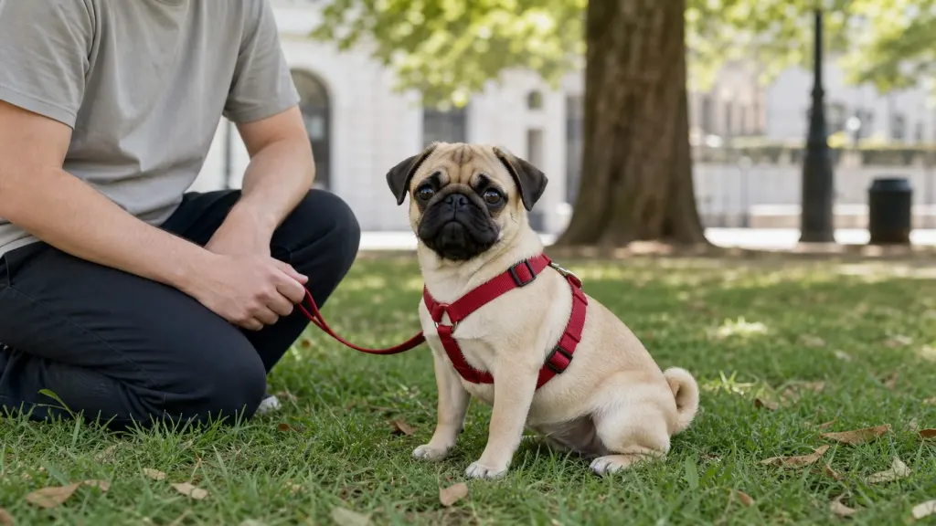 A Pug wearing a secure chest harness practicing basic obedience cues indoors.