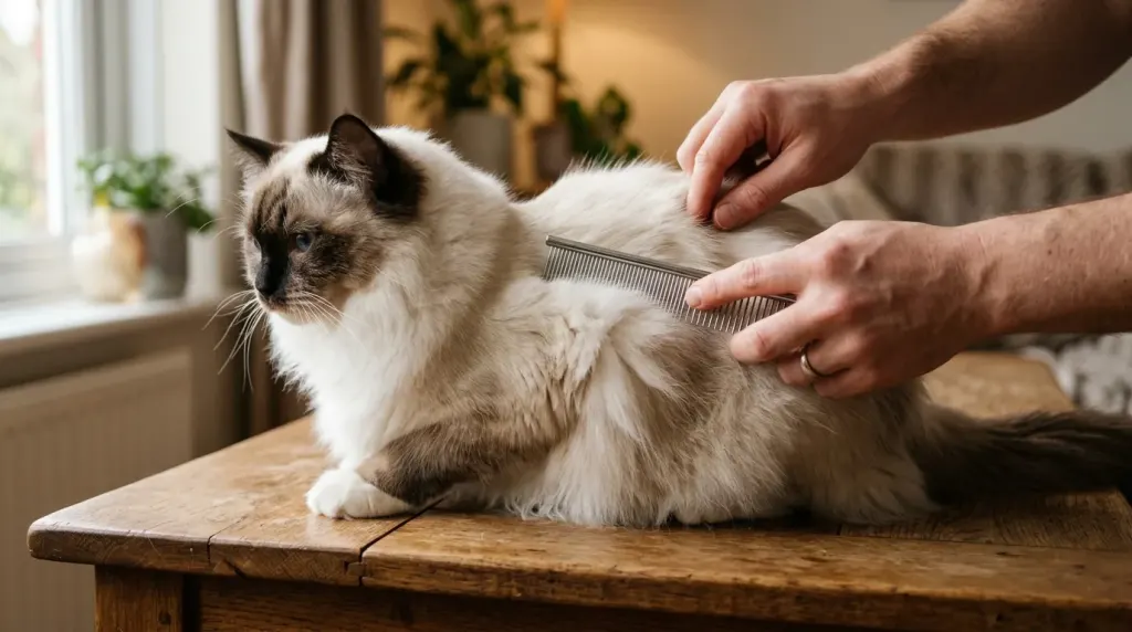 Brushing a Ragdoll cat's coat with a stainless steel comb during a weekly grooming session