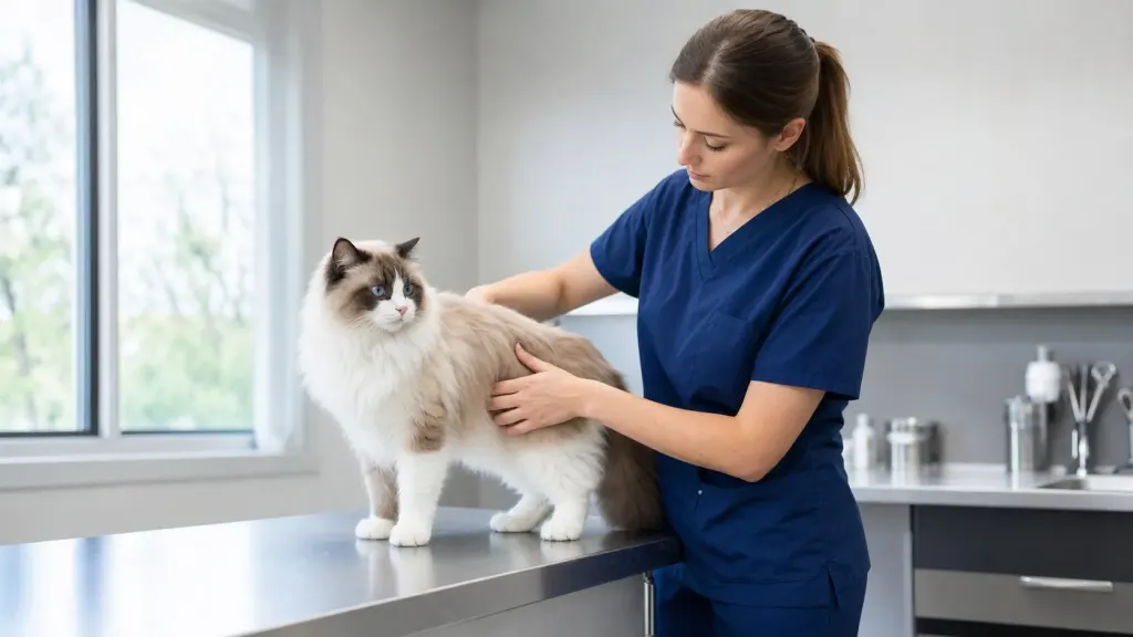 A veterinarian examining a Ragdoll cat during a routine wellness check
