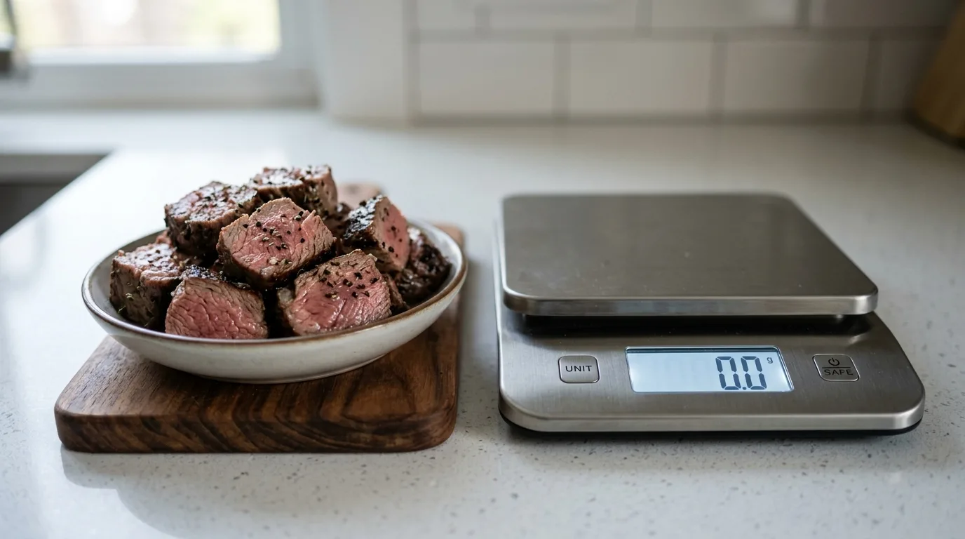 Lean cooked lamb slices measured on a digital kitchen scale for safe dog portioning