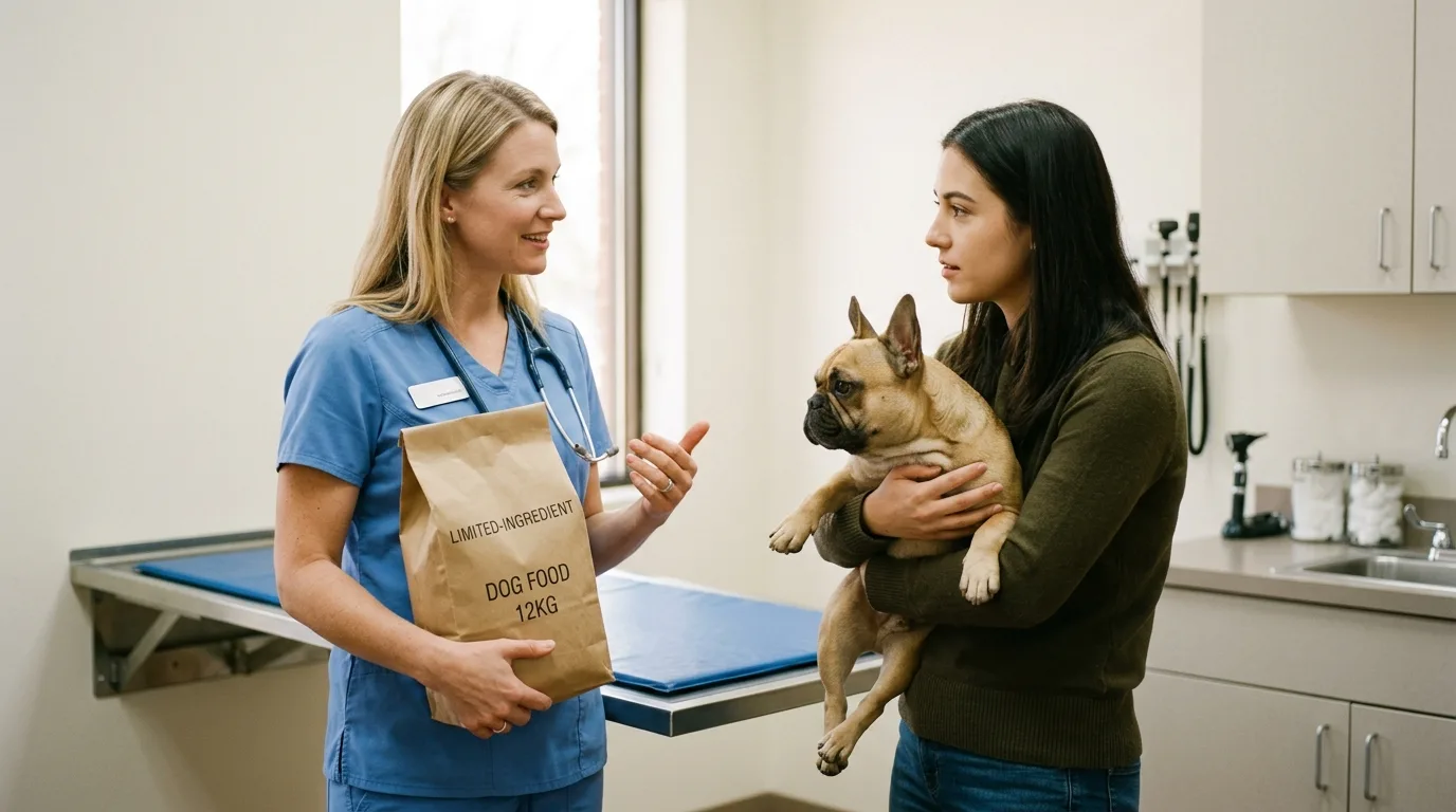 A veterinarian explaining commercial limited-ingredient lamb dog food to a French Bulldog owner
