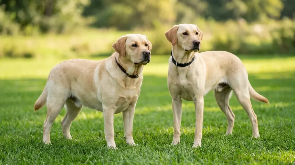 Side-by-side physical comparison of English and American show and field retrievers on grass.