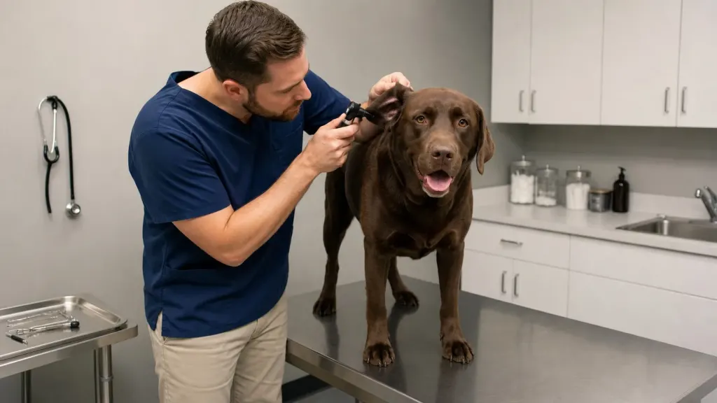 Veterinarian inspecting the ear canal of a chocolate retriever during a routine health check.