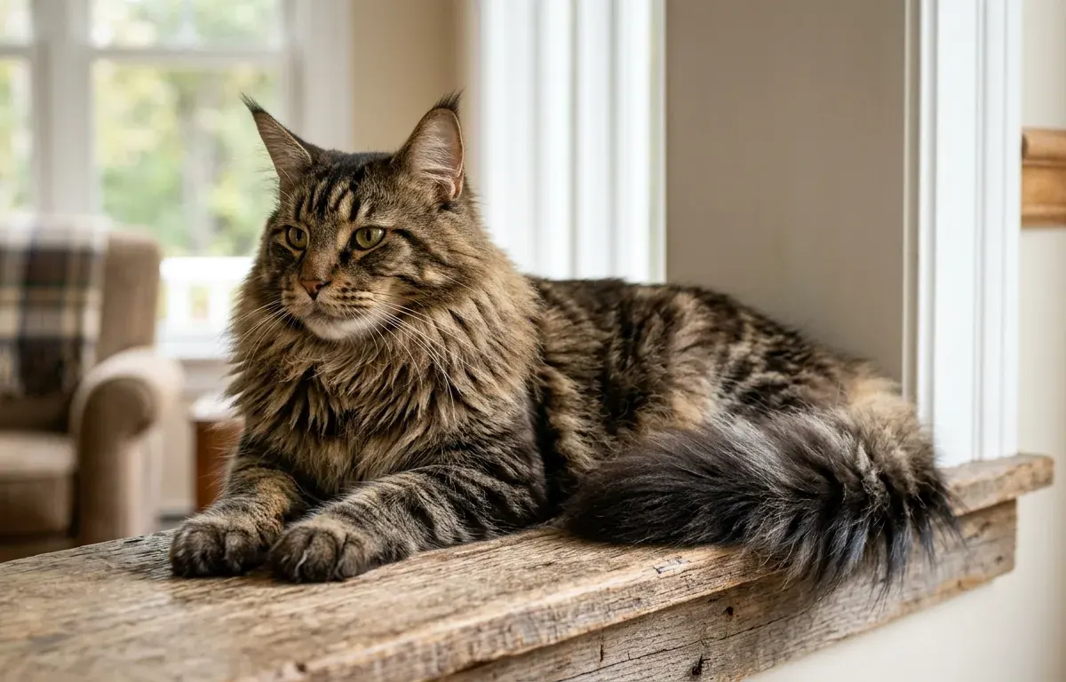 Majestic brown tabby Maine Coon cat with tufted ears and a lion-like ruff resting in a sunlit living room.
