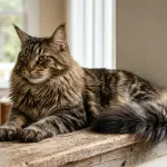 Majestic brown tabby Maine Coon cat with tufted ears and a lion-like ruff resting in a sunlit living room.