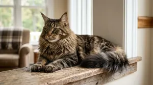 Majestic brown tabby Maine Coon cat with tufted ears and a lion-like ruff resting in a sunlit living room.
