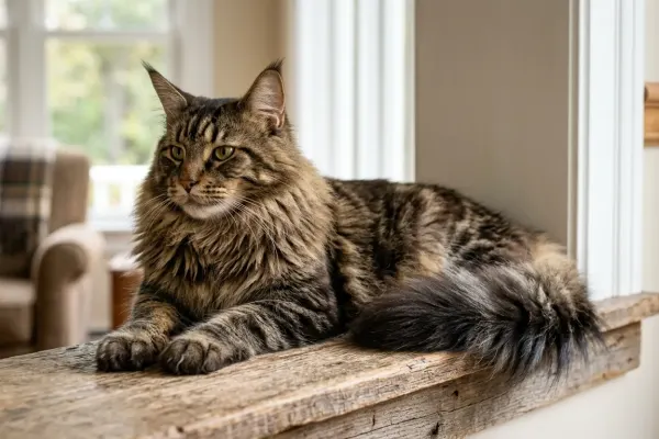 Majestic brown tabby Maine Coon cat with tufted ears and a lion-like ruff resting in a sunlit living room.