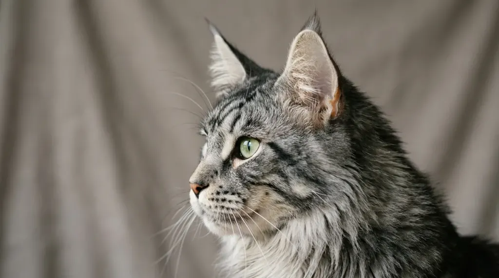 Close-up profile of a Maine Coon cat head illustrating the square muzzle and tufted ears per CFA breed standards.