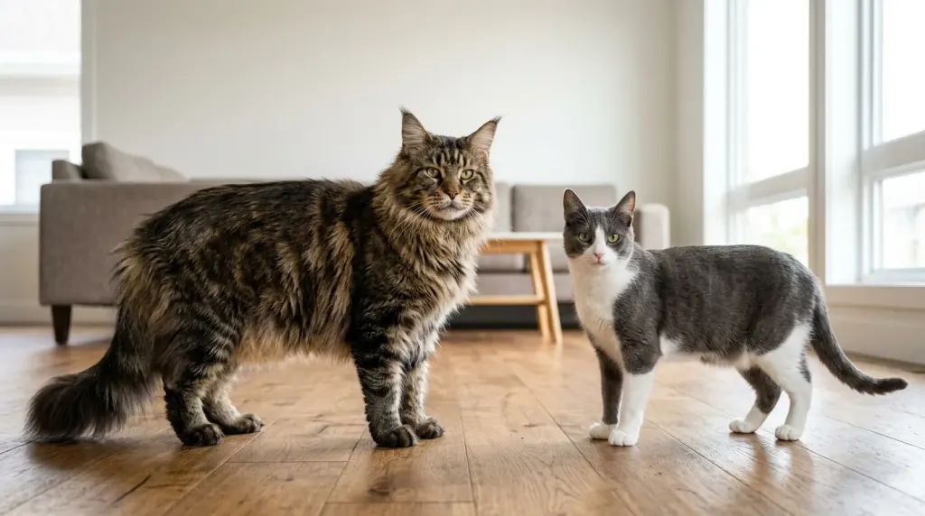 Side by side size comparison between a large adult Maine Coon cat and a standard domestic feline.