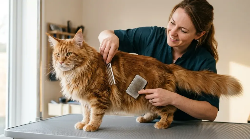 Owner brushing and detangling the dense triple coat of a red tabby Maine Coon cat with professional grooming tools.
