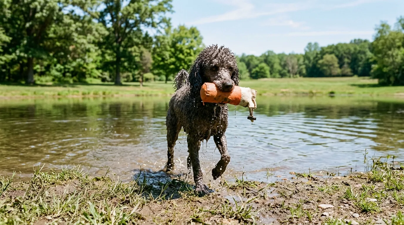 A Miniature Poodle retrieving a toy from the water, highlighting the breed's working heritage.