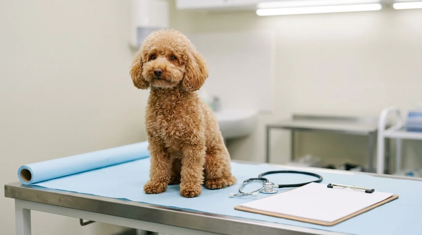 A Toy Poodle at a veterinary clinic for health screening evaluations.