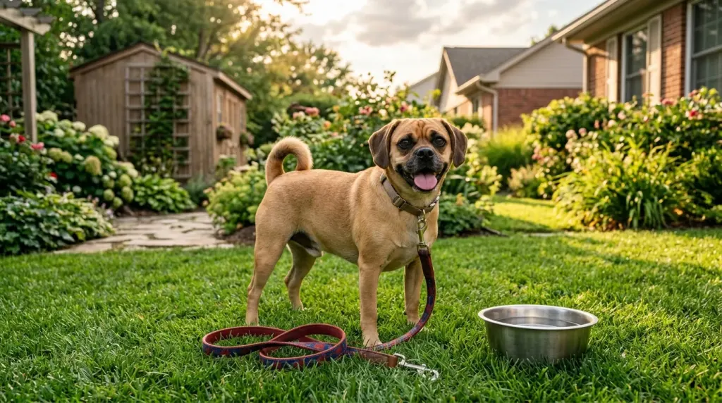 Full grown Puggle dog standing on green lawn showing compact build and height