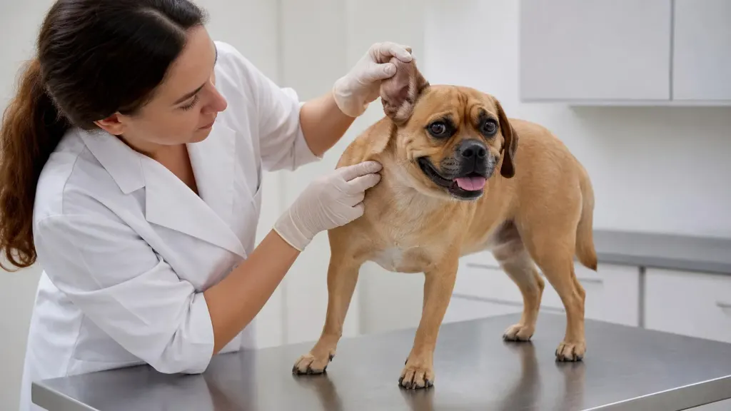 Veterinarian conducting routine health checkup on a Puggle dog in a clinic