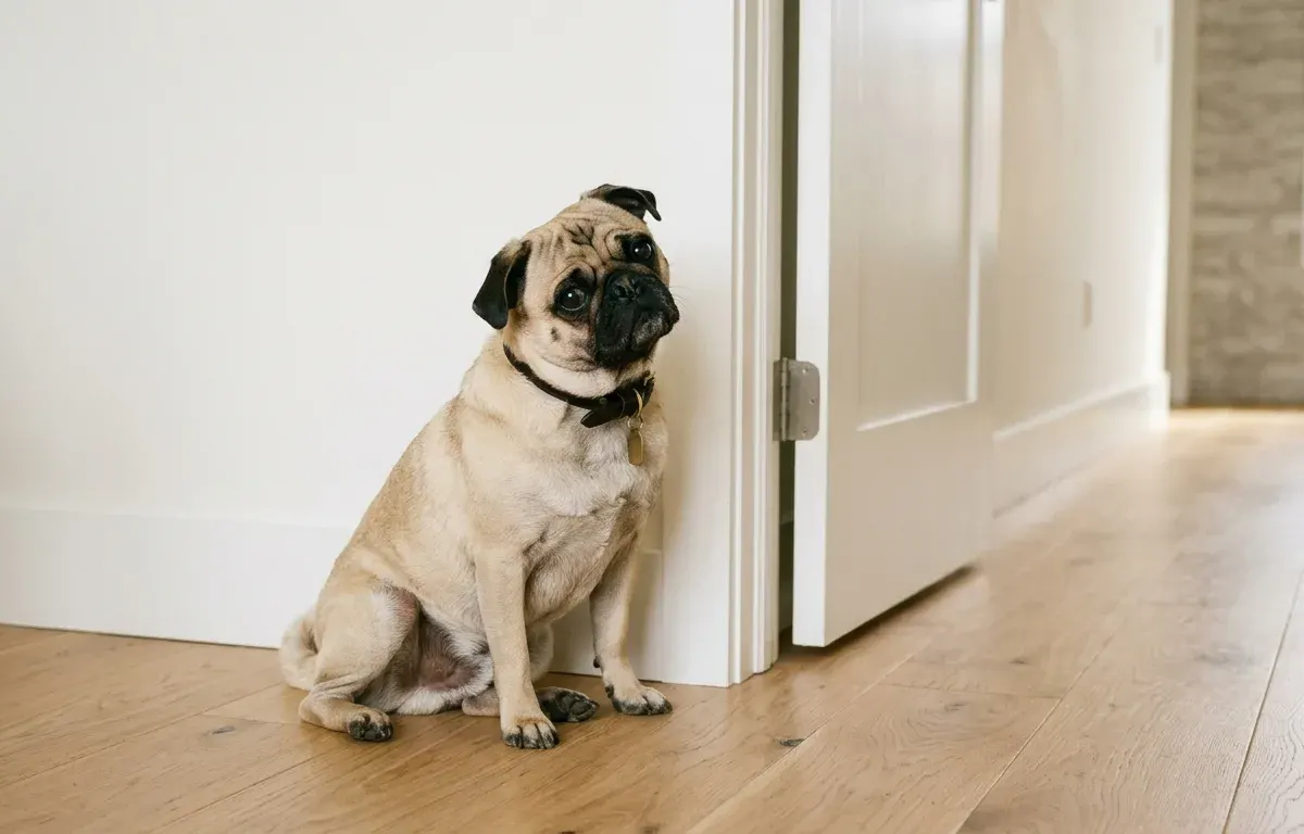 Adult fawn Pug displaying curious and alert behavior while sitting on a living room floor.