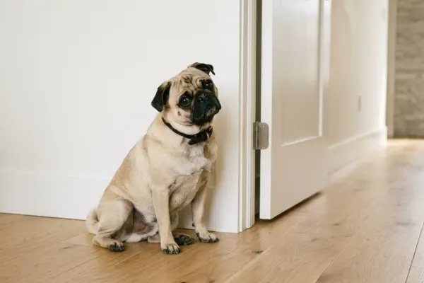 Adult fawn Pug displaying curious and alert behavior while sitting on a living room floor.