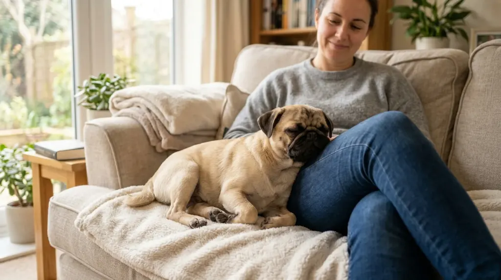Fawn Pug demonstrating affectionate velcro companion behavior next to its owner on a sofa.