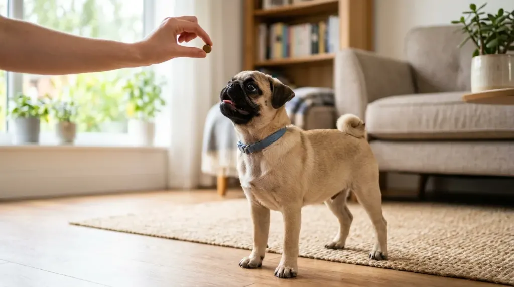 Pug puppy engaging in positive reinforcement obedience training with an owner.