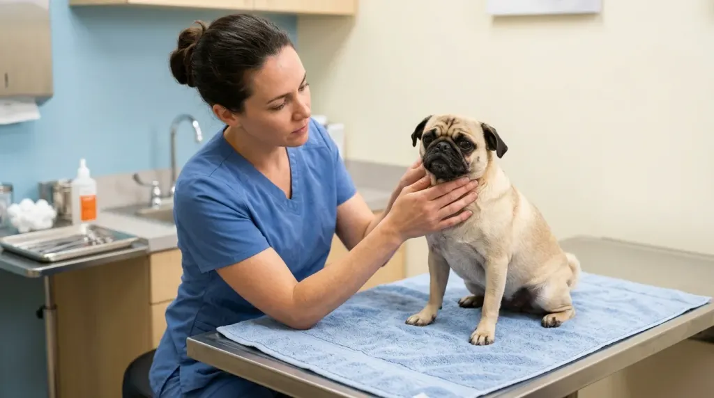 Daily facial wrinkle cleaning routine for a fawn Pug dog using a damp cotton pad