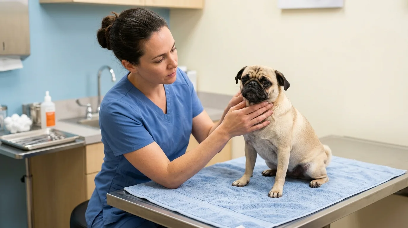 Veterinarian examining a Pug dog for breathing health in a clinical room