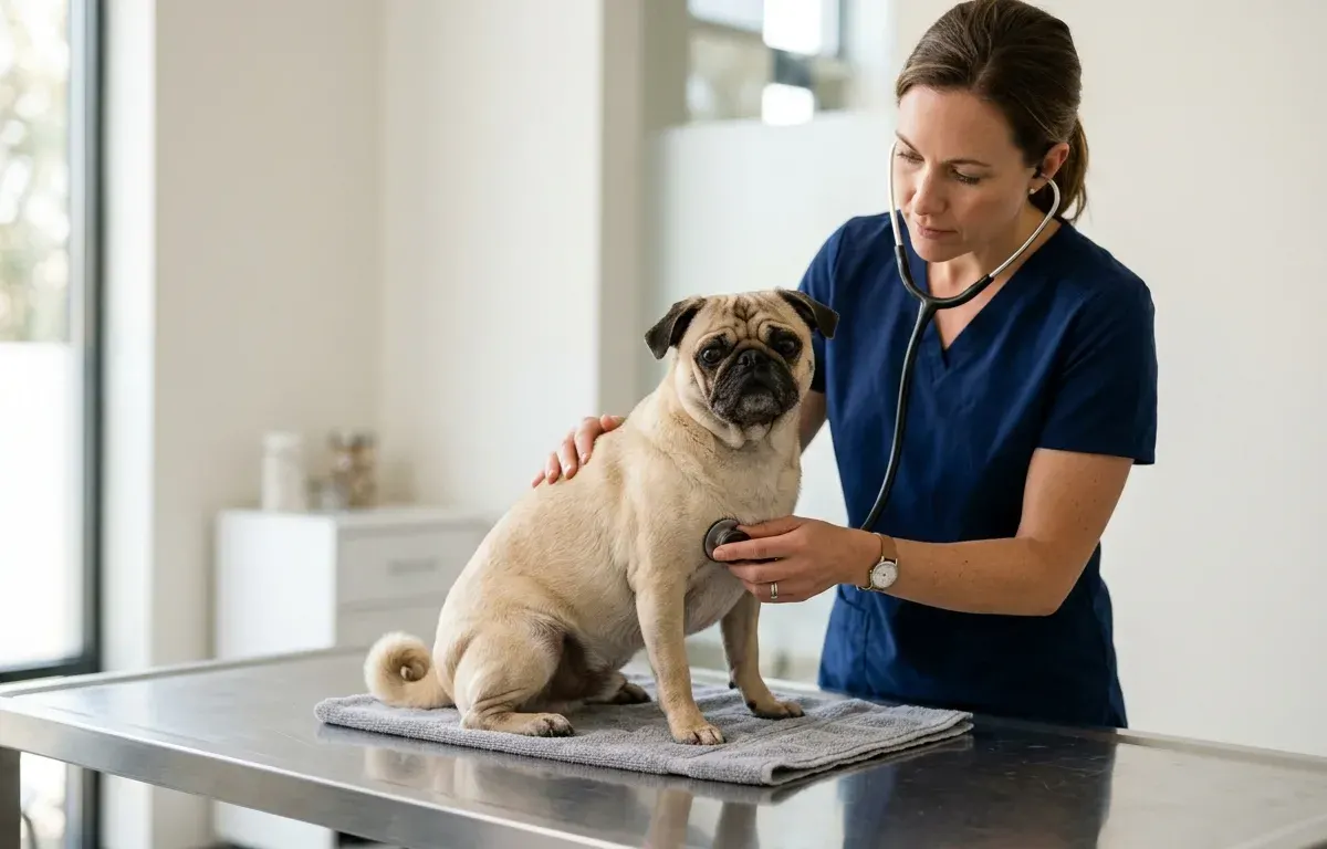 Adult fawn Pug sitting on an examination table during a clinical checkup for common Pug health problems
